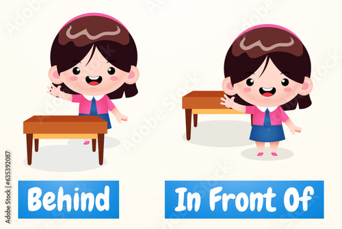 Cute Girl Cartoon Example Of Opposite Word Antonym  In Front Of And Behind
