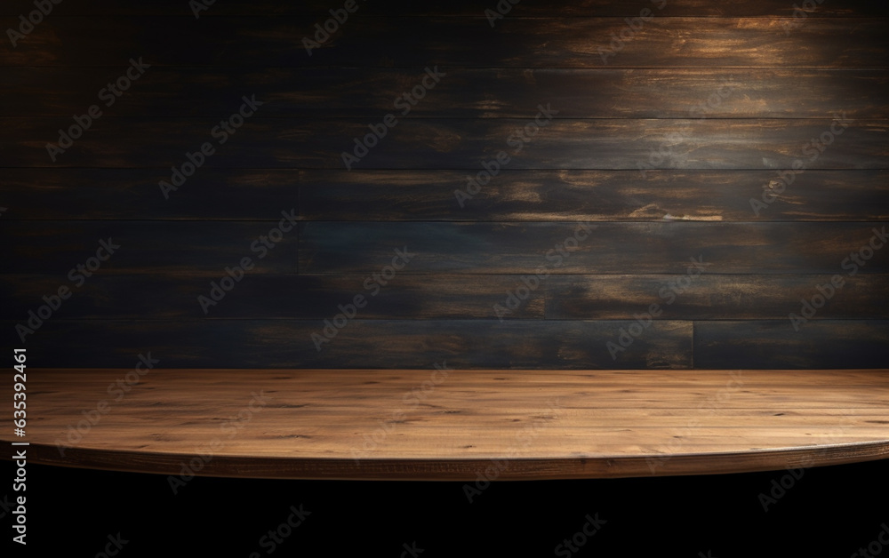 An empty wooden table for presentation with a dark background and isolated recessed lighting