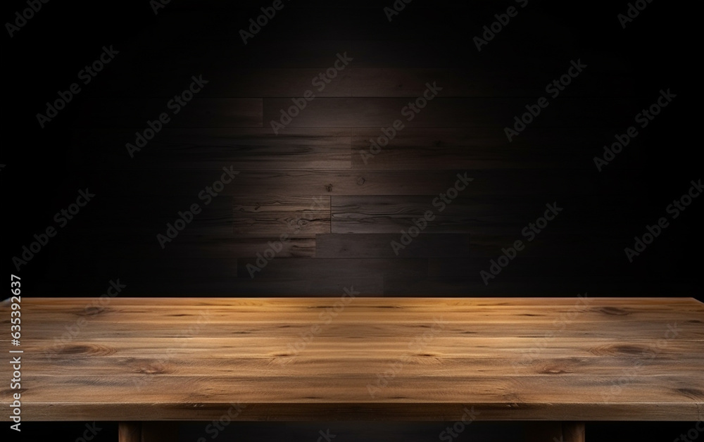 An empty wooden table for presentation with a dark background and isolated recessed lighting An empty wooden table for presentation with a dark background and isolated recessed lighting