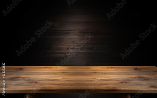 An empty wooden table for presentation with a dark background and isolated recessed lighting © MUS_GRAPHIC