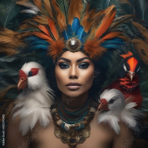 A portrait of a person with a mask adorned with feathers of exotic birds, signifying their free-spirited nature1 photo