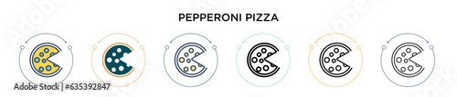 Pepperoni pizza icon in filled, thin line, outline and stroke style. Vector illustration of two colored and black pepperoni pizza vector icons designs can be used for mobile, ui, web