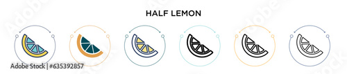 Half lemon icon in filled, thin line, outline and stroke style. Vector illustration of two colored and black half lemon vector icons designs can be used for mobile, ui, web