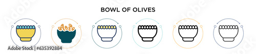 Bowl of olives icon in filled, thin line, outline and stroke style. Vector illustration of two colored and black bowl of olives vector icons designs can be used for mobile, ui, web