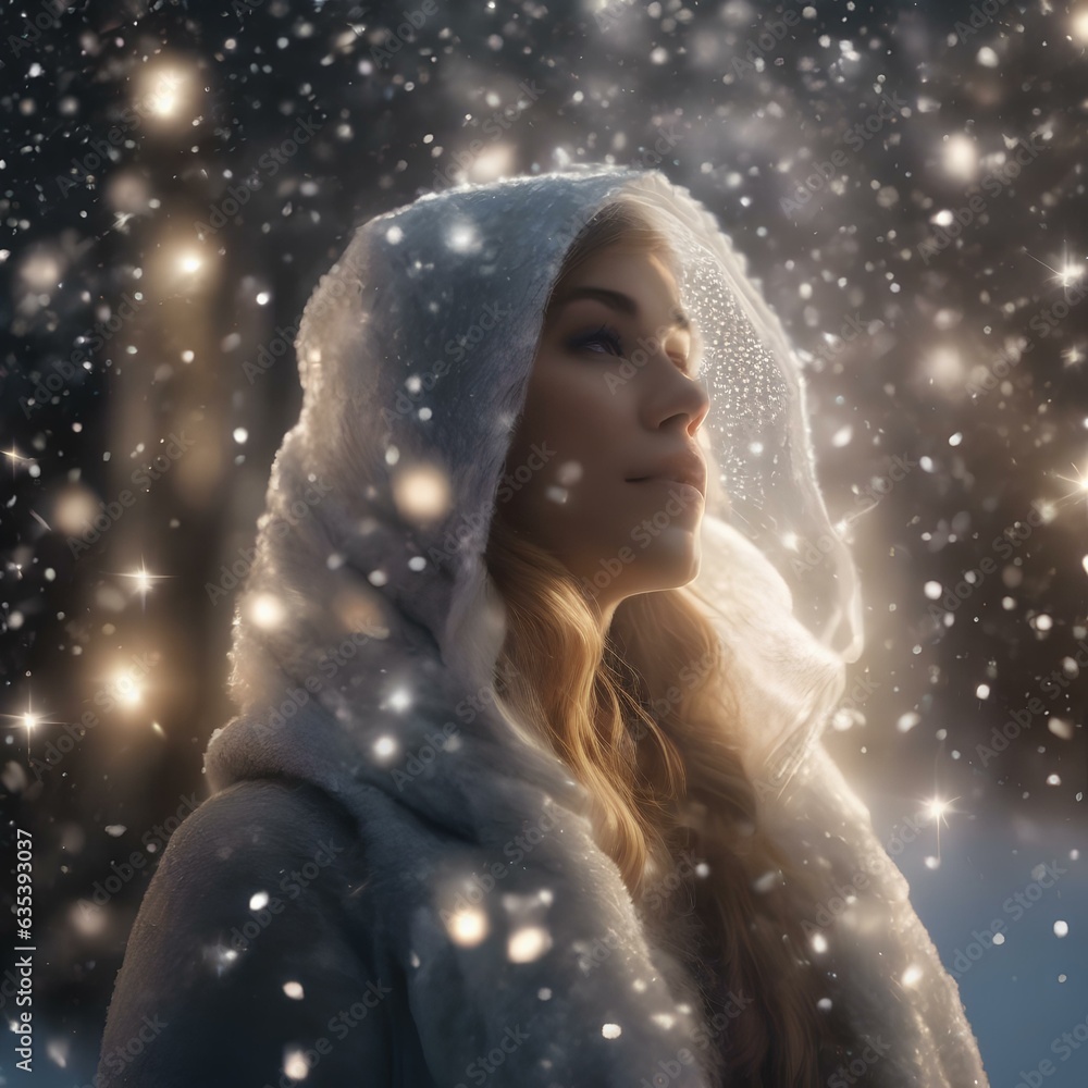 A portrait of a person with a veil of sparkling snowflakes, creating an atmosphere of wintery enchantment3 A portrait of a person with a veil of sparkling snowflakes, creating an atmosphere of wintery enchantment3