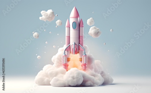 3D Rocket Launch on pastel bright White Background.