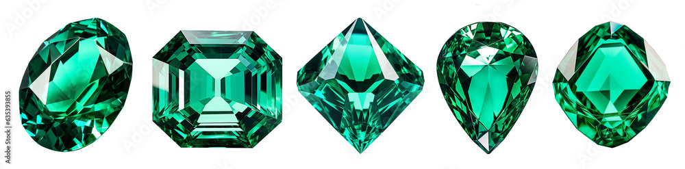 set of isolated illustrations green emerald gem crystals. Created with Generative AI - obrazy, fototapety, plakaty 