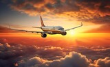 Airplane is flying above the clouds at sunset or sunrise or sunset in the sky
