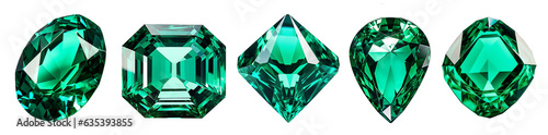set of isolated illustrations green emerald gem crystals. Created with Generative AI photo