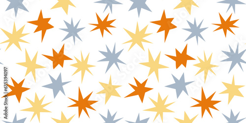 Seamless pattern with colorful hand drawn abstract stars on white background in flat cartoon style. For background, packaging, textile