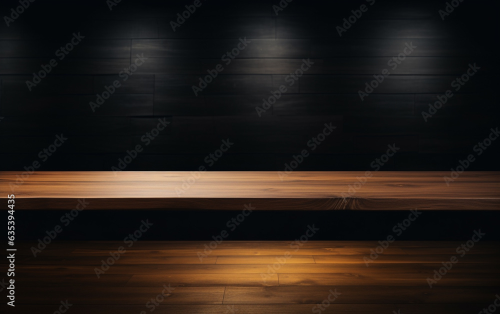 An empty wooden table for presentation with a dark background and isolated recessed lighting An empty wooden table for presentation with a dark background and isolated recessed lighting
