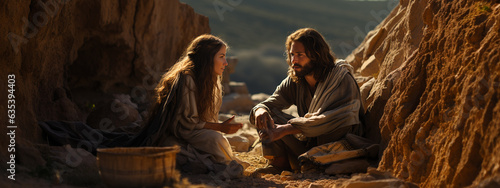 Jesus Christ and the Samaritan woman. Conversation at the well. Christian Banner photo