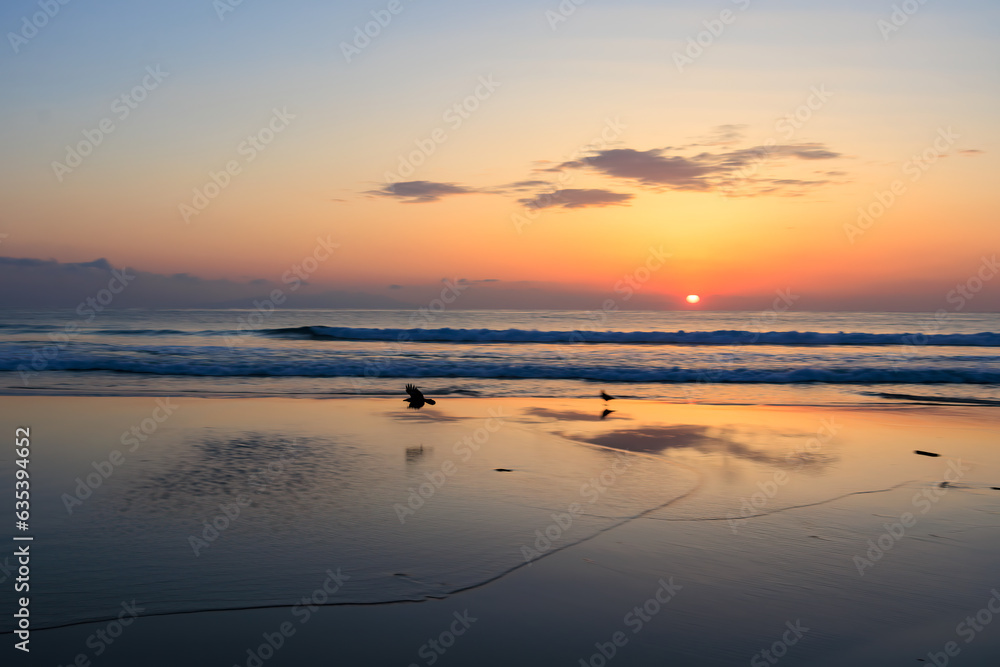 美しい日の出と白浜の波打ち際の反射　
静岡県下田市白浜
