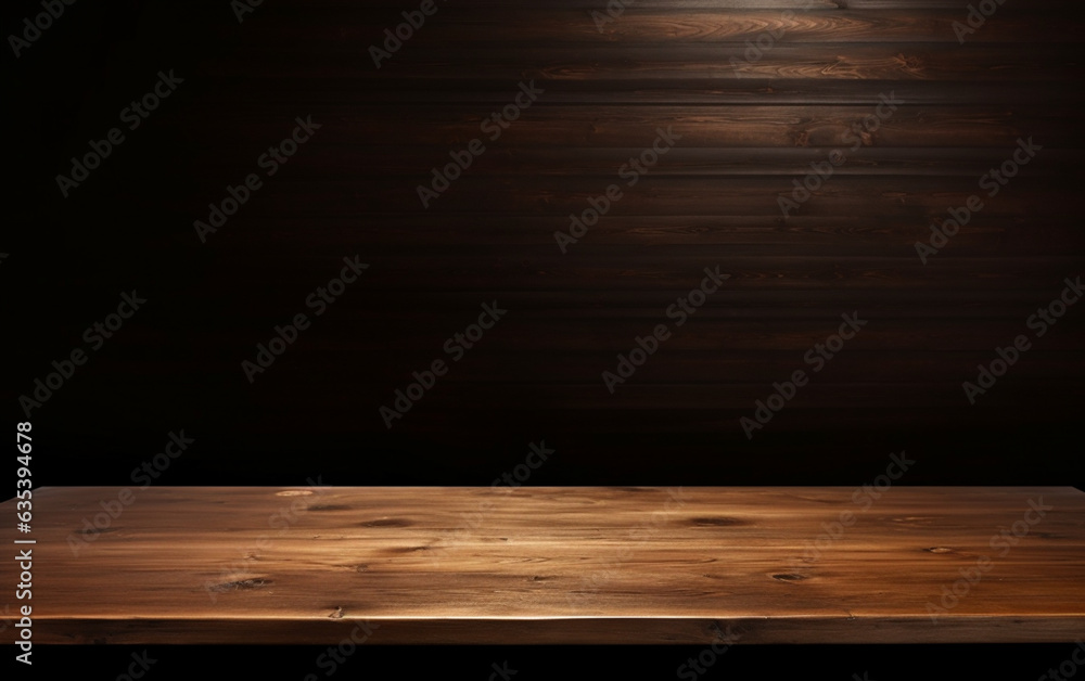 An empty wooden table for presentation with a dark background and isolated recessed lighting An empty wooden table for presentation with a dark background and isolated recessed lighting
