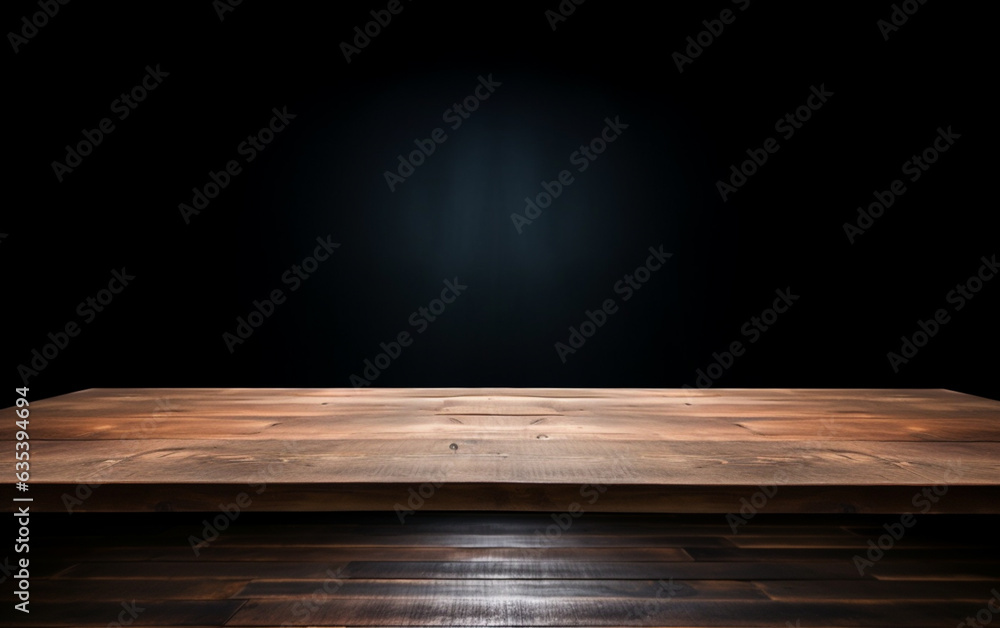 An empty wooden table for presentation with a dark background and isolated recessed lighting An empty wooden table for presentation with a dark background and isolated recessed lighting