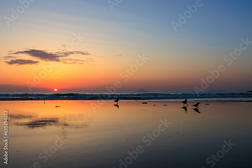 美しい日の出と白浜の波打ち際の反射 静岡県下田市白浜 