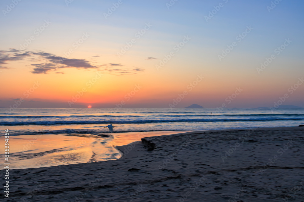 Naklejka premium 美しい日の出と白浜の波打ち際の反射 静岡県下田市白浜 