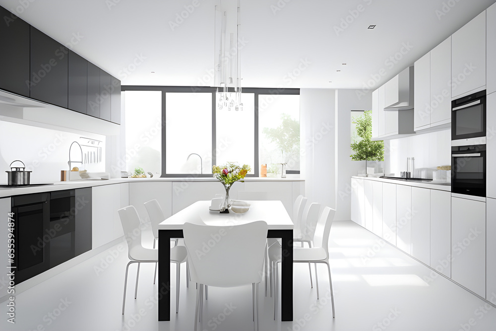Modern new light interior of kitchen with white furniture and dining table. Modern new light interior of kitchen with white furniture and dining table.