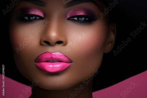 Beautiful black woman with pink lips  eyeshadow  black skin  on pink background