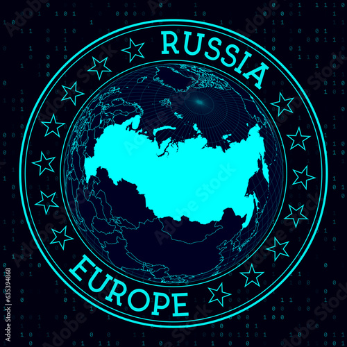RUSSIA round sign. Futuristic satellite view of the world centered to RUSSIA. Geographical badge with map, round text and binary background. Classy vector illustration.