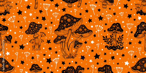 Mushroom vector pattern. Magic seamless illustration of fly agaric. Celestial forest outline drawing. Halloween mushroom toadstool graphic. Mystic black background. Doodle boho tattoo amanita pattern