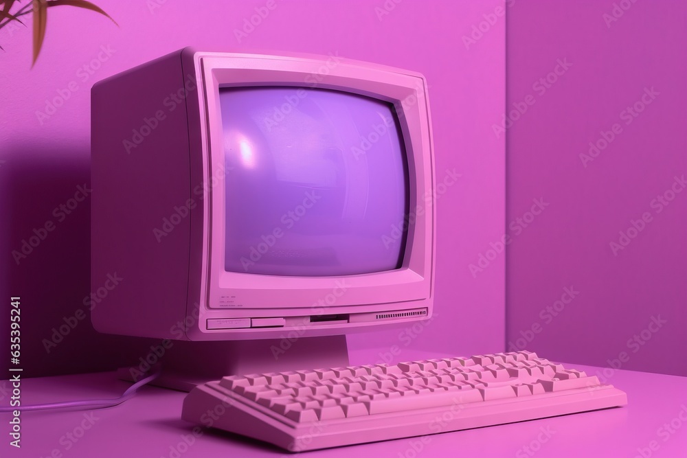 Retro computer with purple screen on pink background. Retro computer with purple screen on pink background.