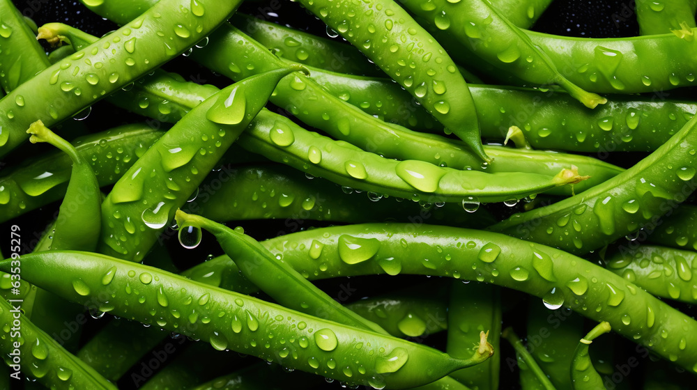 Fresh green beans with water drops background. Vegetables backdrop. Generative AI