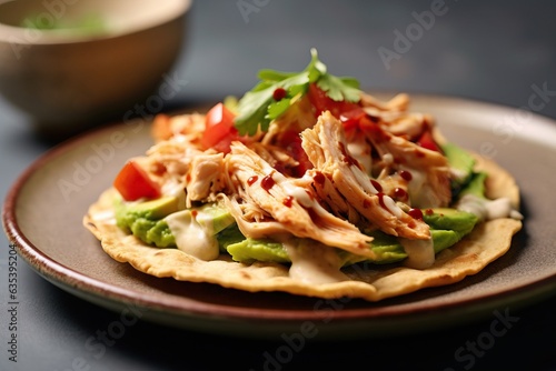 Mexican tacos with chicken, avocado, tomatoes and salsa on wooden background
