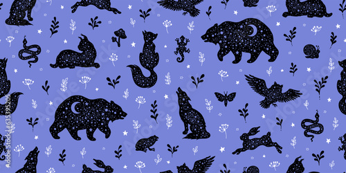 Forest animal pattern. Seamless vector woodland background. Animal pattern design. Wild nature illustration of fox wolf bear rabbit. Moon magic scandinavian print. Cute esoteric kid abstract wallpaper