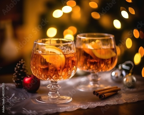 Two glasses of mulled wine with cinnamon and anise on a wooden board on a Christmas background
