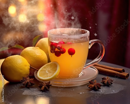 Cup of hot tea with lemon and spices on a dark background