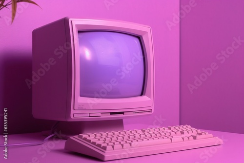 Retro computer with purple screen on pink background. photo