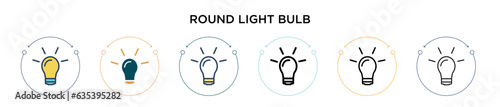 Round light bulb icon in filled, thin line, outline and stroke style. Vector illustration of two colored and black round light bulb vector icons designs can be used for mobile, ui, web