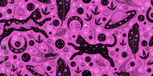 Halloween witch cats pattern. Seamless boho background with cat, moon. Purple pink magic print. Vintage groovy pattern. Witch cat, bird, galaxy doodle vector illustration. Celestial esoteric wallpaper
