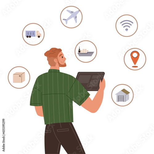Logistician works with cargo shipment. Supply chain management, shipping route planning, logistics