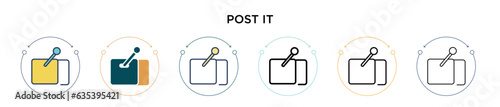 Post it icon in filled, thin line, outline and stroke style. Vector illustration of two colored and black post it vector icons designs can be used for mobile, ui, web