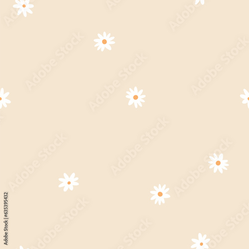 Gentle naive seamless vector pattern with small chamomile flowers beige background. Gender neutral nursery minimalistic print. Printing on kids bedding, fabrics, textiles, wallpaper, wrapping paper.