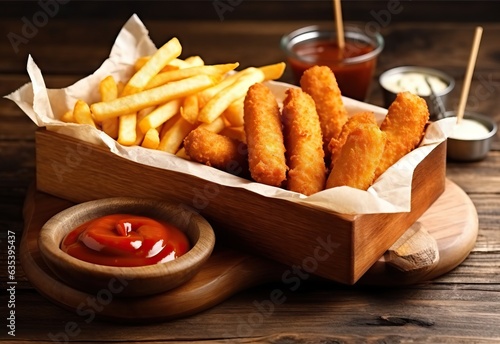 Stampa su tela fried sausages with french fries and ketchup on wooden board