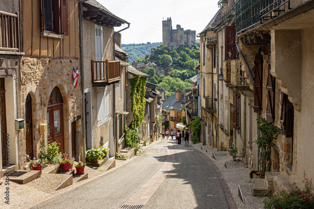 Najac, France. A beautiful village in the Aveyron department with medieval historical buildings and architecture and a partly ruined castle