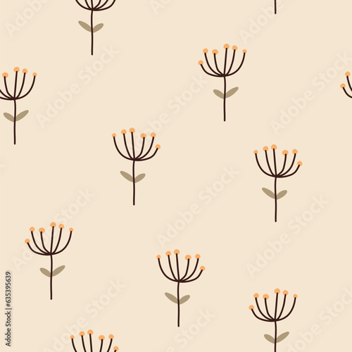 Gentle naive seamless vector pattern with small fennel. Beige background. Gender neutral nursery minimalistic print. Printing on kids bedding, fabrics, textiles, wallpaper, wrapping paper.