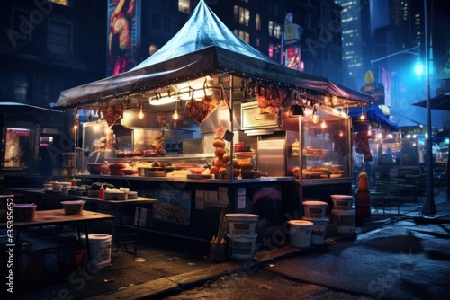 Counter with takeaway street food, on the streets of the night city photo