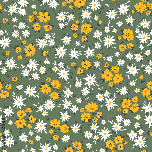 Floral seampless vector pattern. Pretty flowers on green background. Printing with small colorful flowers. Meadow simple floral texture. Ditsy cartoon print.