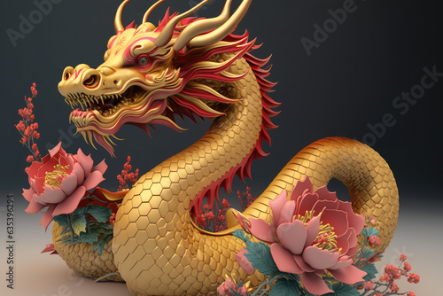 Chinese new year 2024 year of the dragon. 3d dragon with red flowers, generative AI