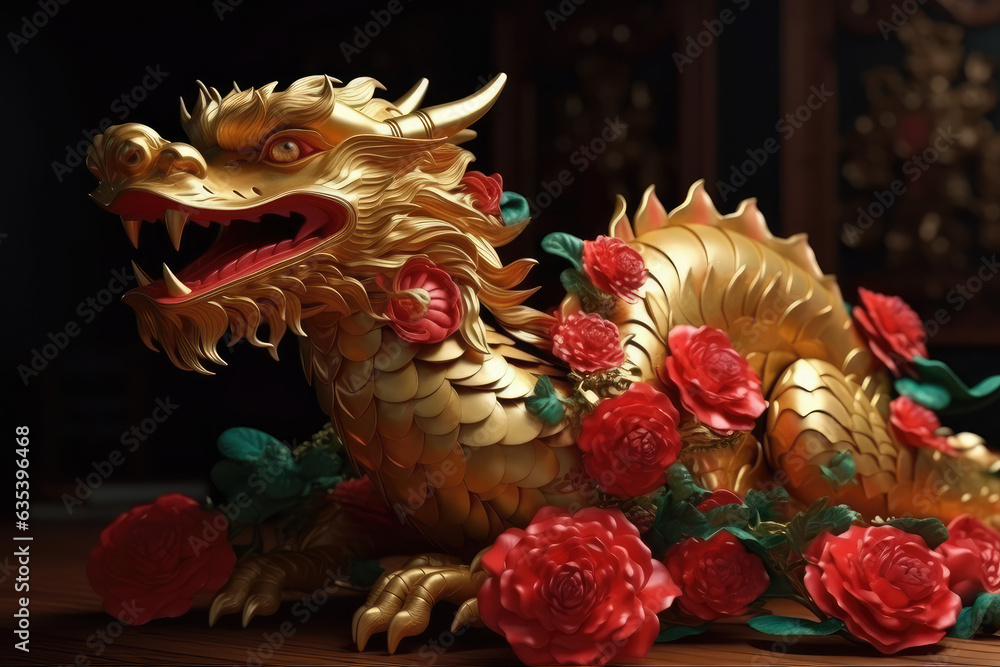 Chinese new year 2024 year of the dragon. 3d dragon with red flowers, generative AI