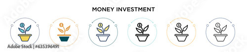 Money investment icon in filled, thin line, outline and stroke style. Vector illustration of two colored and black money investment vector icons designs can be used for mobile, ui, web