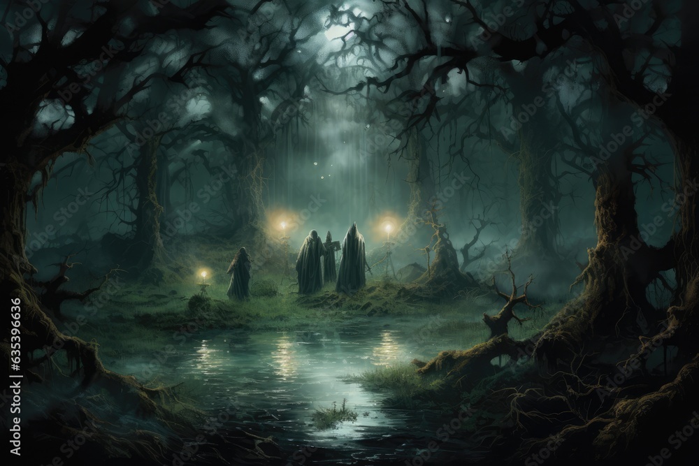 coven of witches on halloween night in a dark scary forest, generative ai coven of witches on halloween night in a dark scary forest, generative ai
