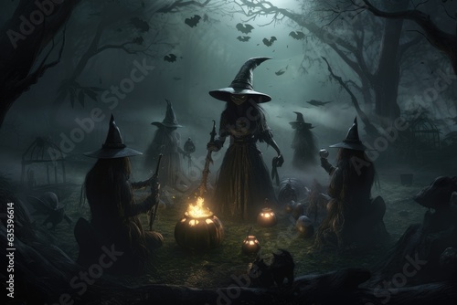 coven of witches on halloween night in a dark scary forest, generative ai photo
