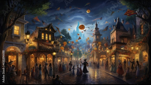 Halloween Carnival in a European Town, painting illustration, generative ai