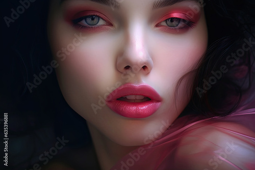 Beautiful woman with pastel pink lips  close-up  white skin  brunette