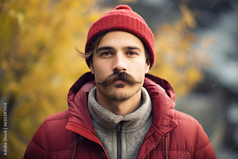 young man with big moustache and knitted hat outdoors in november young man with big moustache and knitted hat outdoors in november